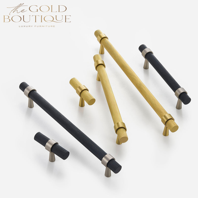 Gold and black knurled brass drawer pulls